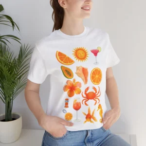 Tropical Summer Fruit & Beach Icons Watercolor T-Shirt
