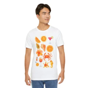 Tropical Summer Fruit & Beach Icons Watercolor T-Shirt