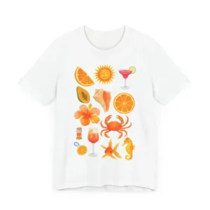 Tropical Summer Fruit & Beach Icons Watercolor T-Shirt